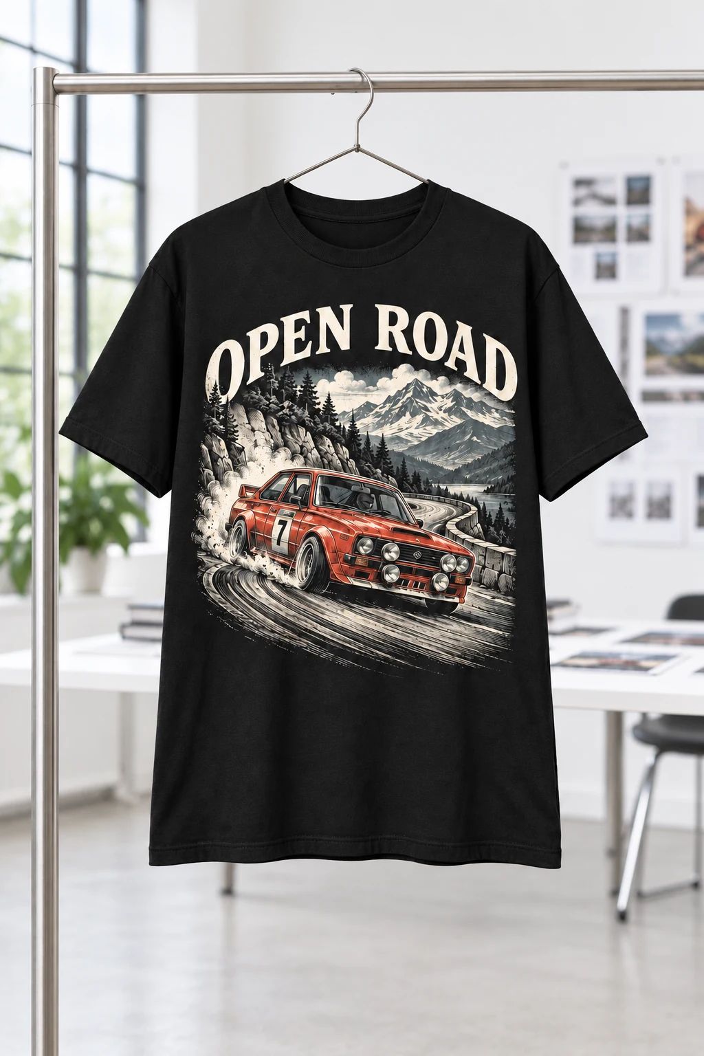 車のイラストをプリントしたTシャツの制作イメージ
