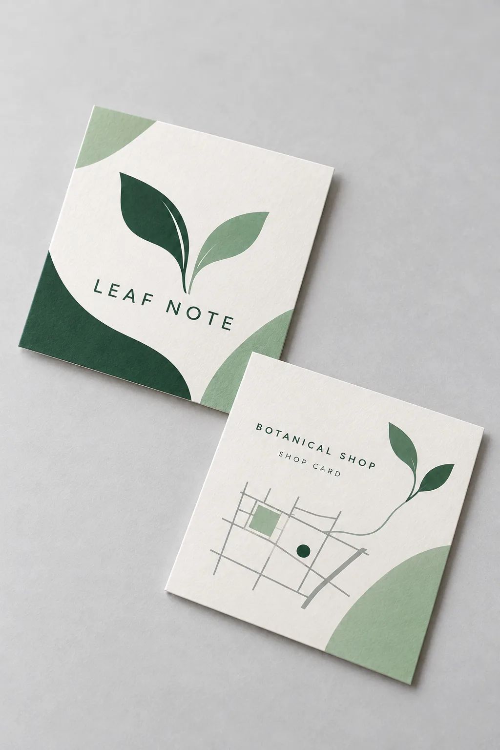 葉のモチーフのロゴを入れた LEAF NOTE のショップカード（表・裏）の制作イメージ